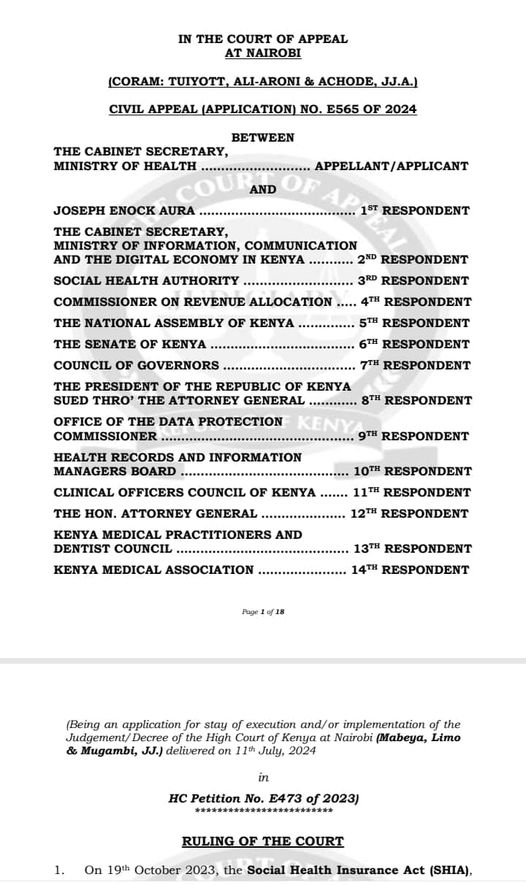 Major win for the Health sector as Court of Appeal stays judgement on three Health Laws including SHIA