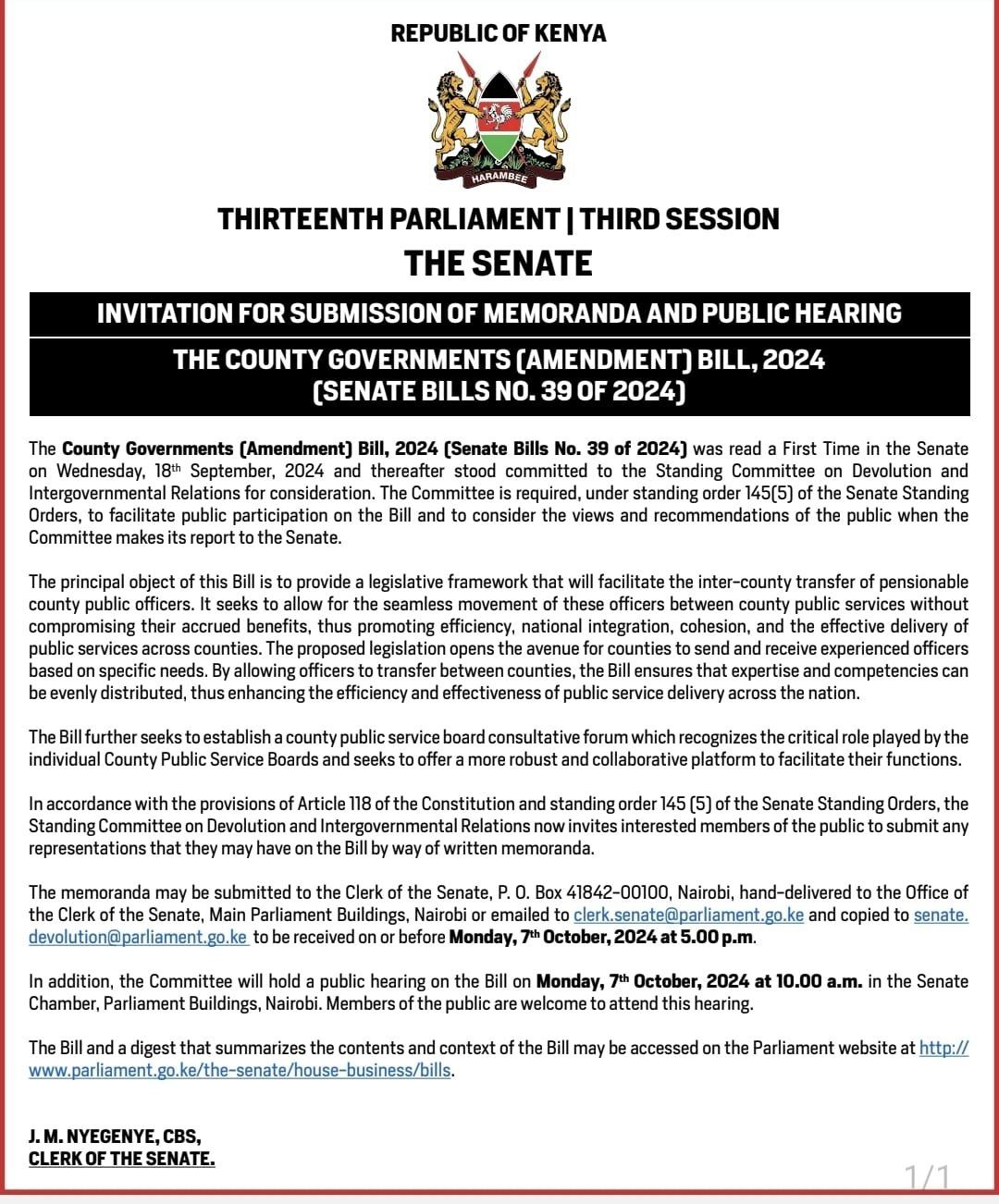 Public hearing on County Governments (Amendments) Bill, 2024 (Senate Bills No. 39 of 2024) kicks off today Mini Chamber, County Hall